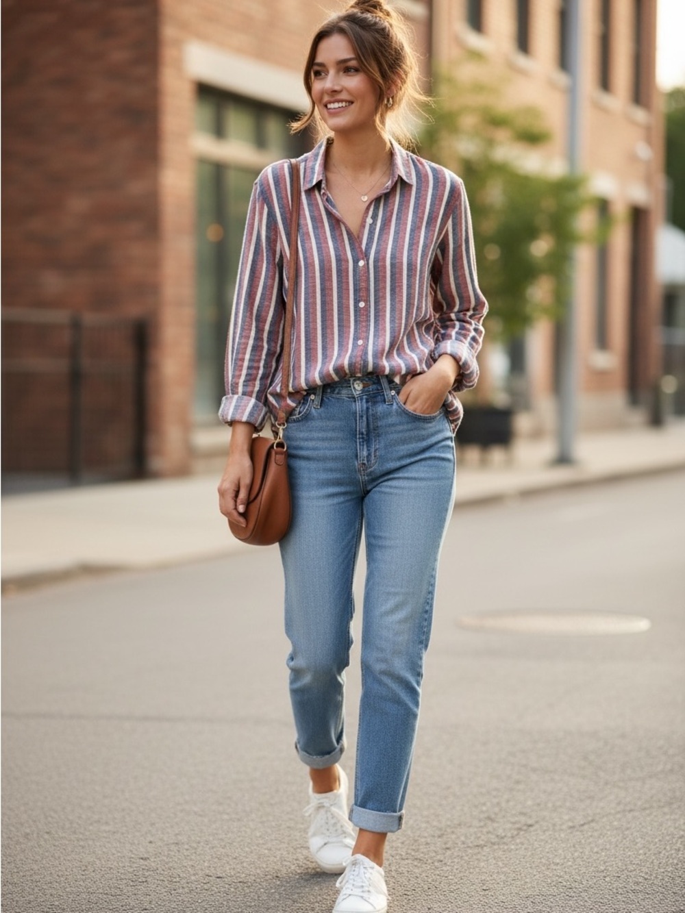Frank & Eileen Italian Linen Striped Americana Relaxed Fit Button Down Top